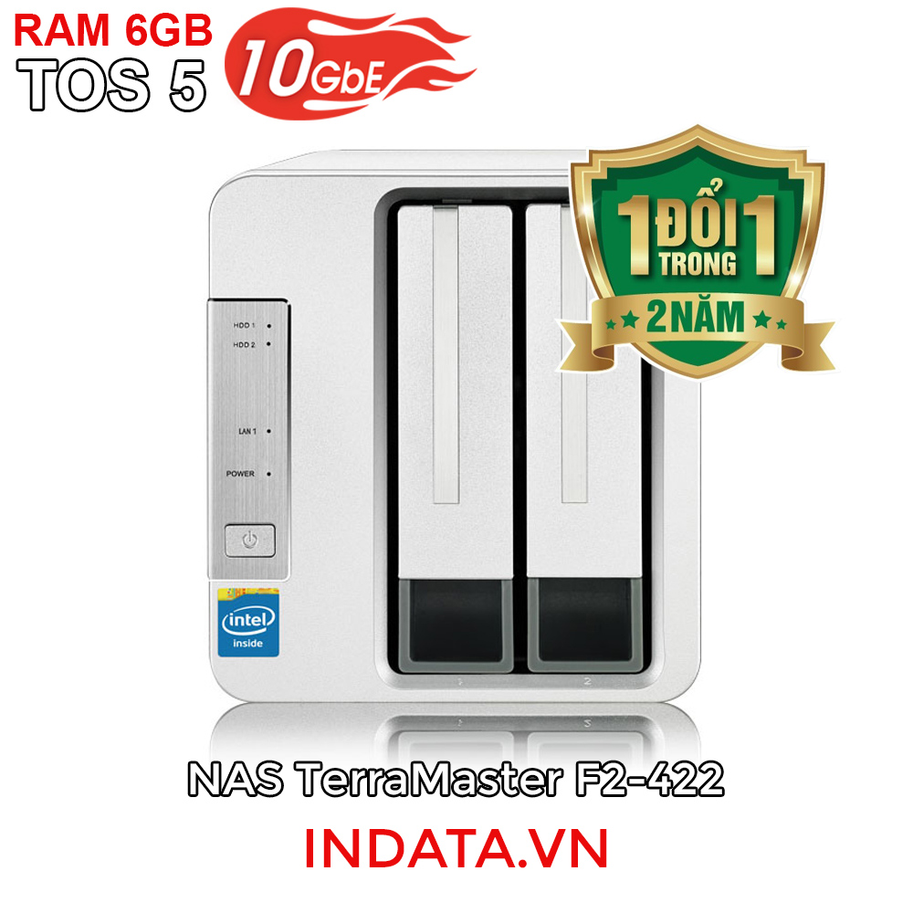 Bộ lưu trữ mạng NAS TerraMaster F2-422, LAN 10Gbps, Intel Quad-Core 1.5GHz, 6GB RAM, 651MB/s, 2 khay ổ cứng RAID 0,1,JBOD,Single - Hàng chính hãng