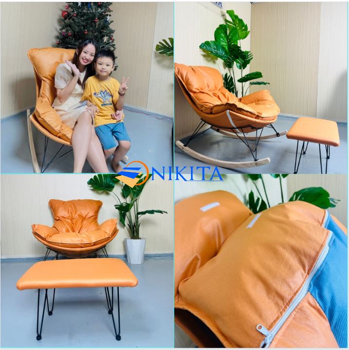 Ghế bập bênh thư giãn nệm bông bọc nano êm ái – có đôn gác chân tách rời–phong cách châu Âu, sang trọngchính hãng Nikita