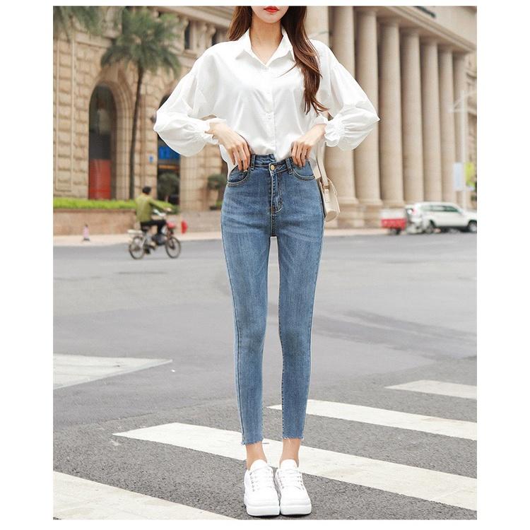 Quần jeans 9 TẤC BigSize co dãn mạnh, lưng cao, màu xanh đá tua lai 4209