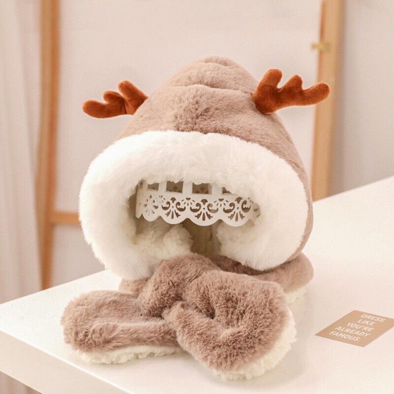 Mũ lông choàng cổ tai hươu cho bé trai và bé gái - mũ lông lót lông cừu chần bông - nón đội đầu bé sơ sinh - aq trẻ em