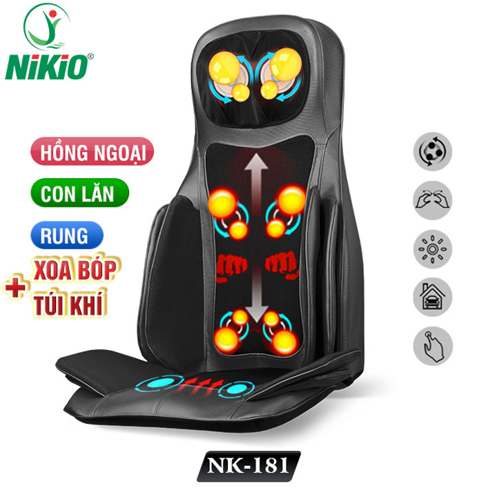 Ghế (Đệm) Massage Toàn Thân Nikio NK-181 - Máy Mát Xa Lưng, Cổ Vai Gáy, Con Lăn 3D Xoa Bóp Chuyên Sâu, Kết Hợp Hồng Ngoại, Rung Và Nhiệt Giúp Cơ Thể Thư giãn, Giảm Căng Thẳng - Màu đen