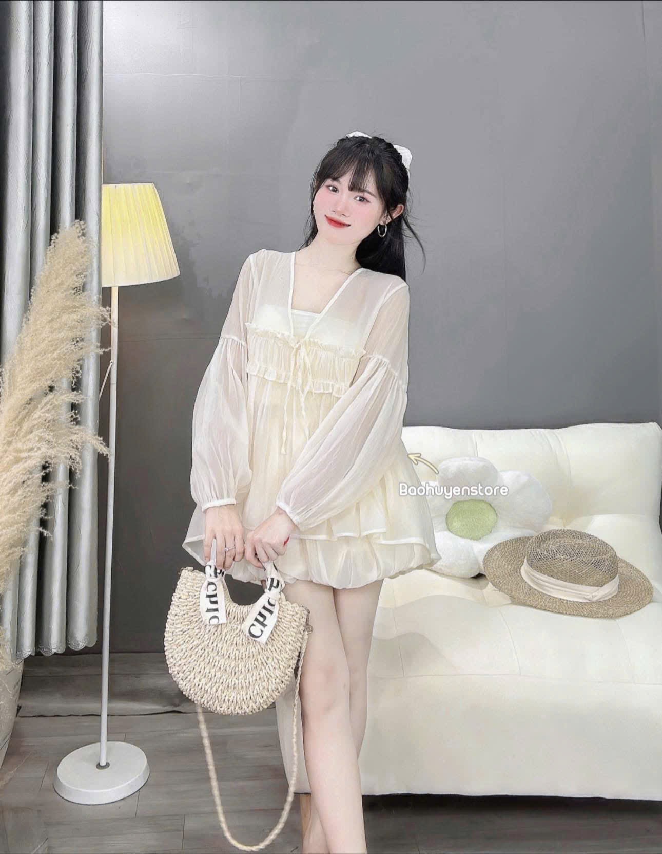 Set váy tơ tay bồng tiểu thư sang chảnh