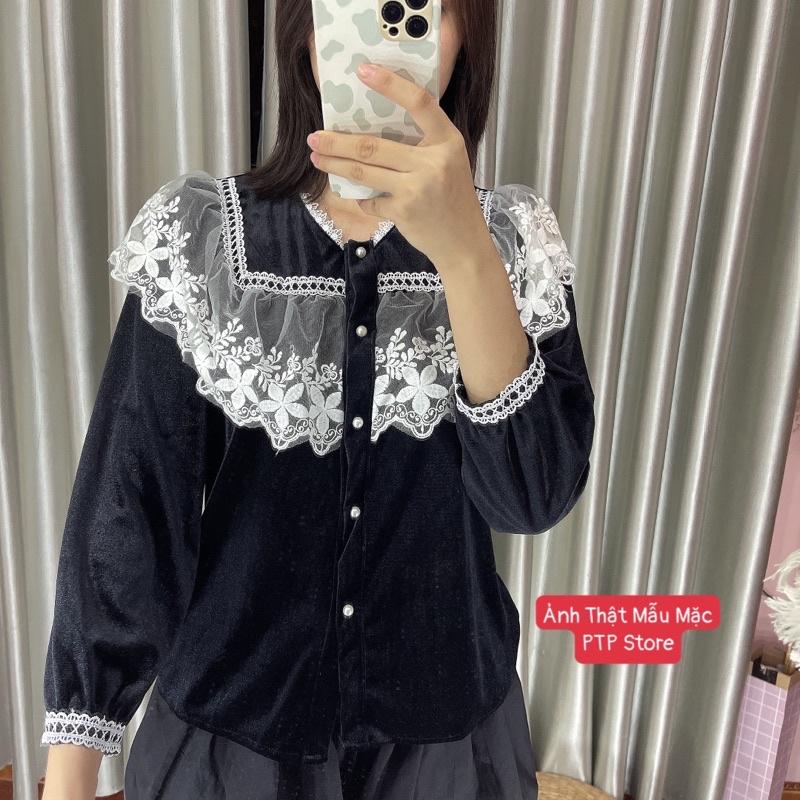 Áo Nhung Cổ Ren Bèo Siêu Xinh, Áo Nhung Kiểu Cổ Ren Khuy Ngọc Có Ảnh Thật Kèm Video