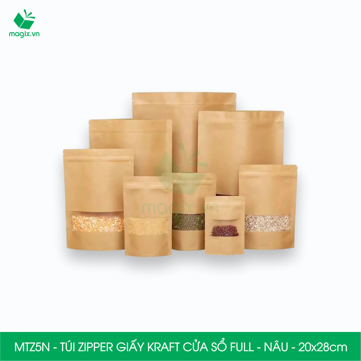 MTZ5N - 20x28cm - Combo 50 Túi Zipper giấy Kraft Nâu đáy đứng có cửa sổ