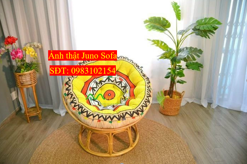 Ghế mặt trăng Papasan mây thật cao cấp Juno Sofa size 1m, Nệm hoa văn Indochine
