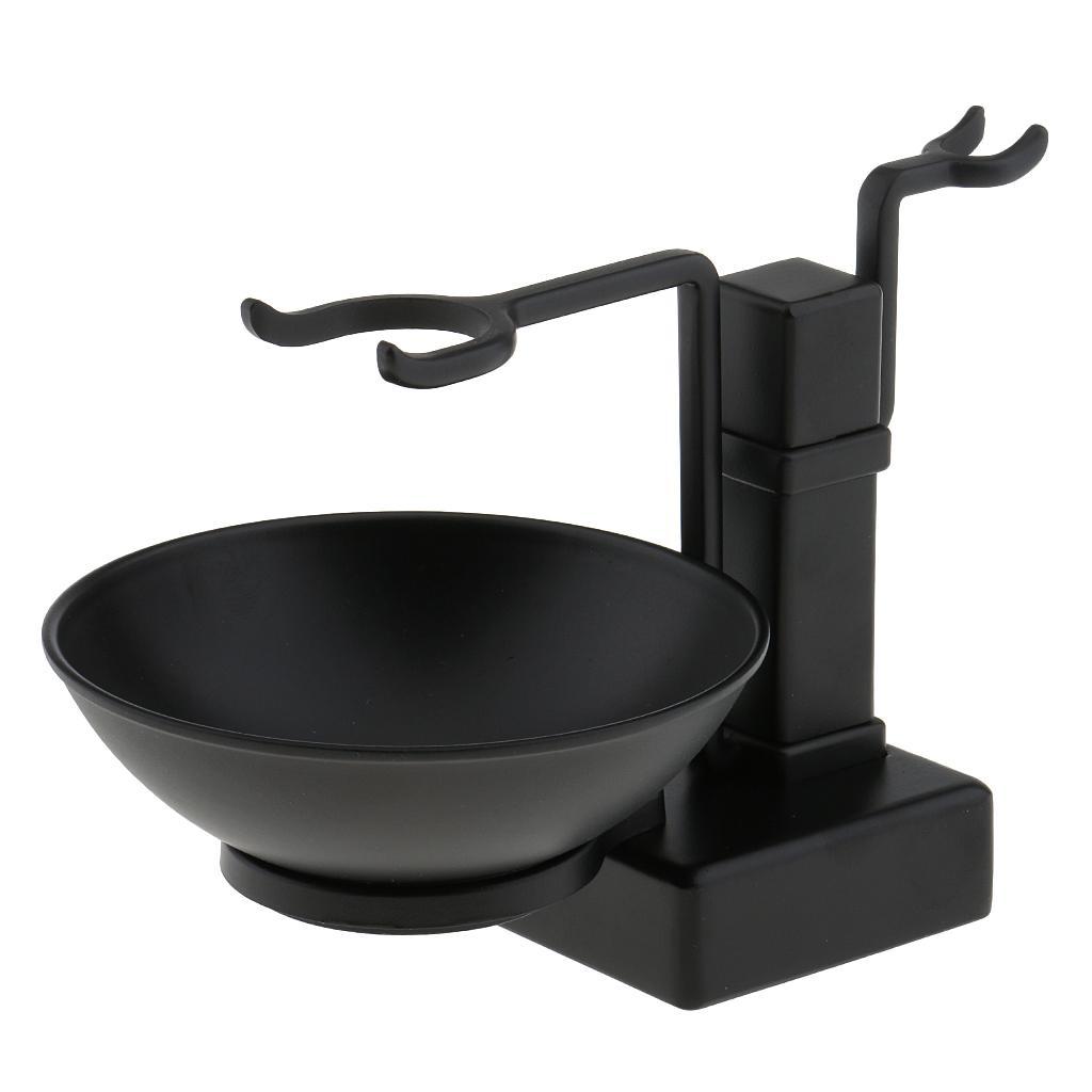 Men Alloy Beards Moustache Shaving Brush Bowl Stand Holder Set Black