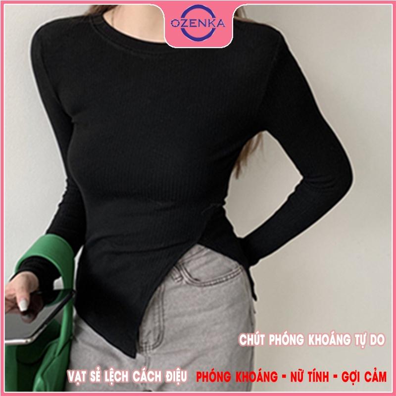 Áo thun croptop nữ tay dài sẻ gấu , ao crt ôm body phong cách Hàn Quốc chất cotton lụa màu đen trắng dưới 52 kg