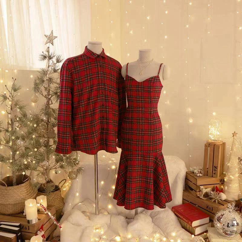 Đồ đôi nam nữ Áo cặp váy sơ mi thời trang couple hàn quốc sọc kẻ caro màu đỏ 2 dây đẹp AV32