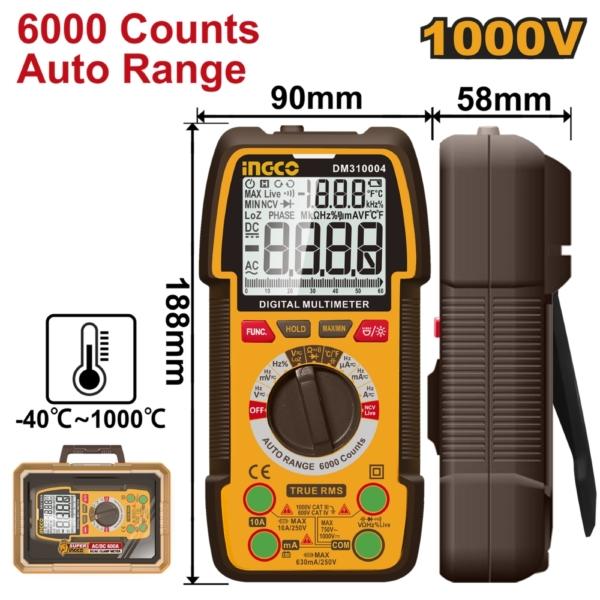 ĐỒNG HỒ VẠN NĂNG KỸ THUẬT SỐ 1000V 6000 SỐ ĐẾM TỰ ĐỘNG 6V INGCO DM310004 - HÀNG CHÍNH HÃNG