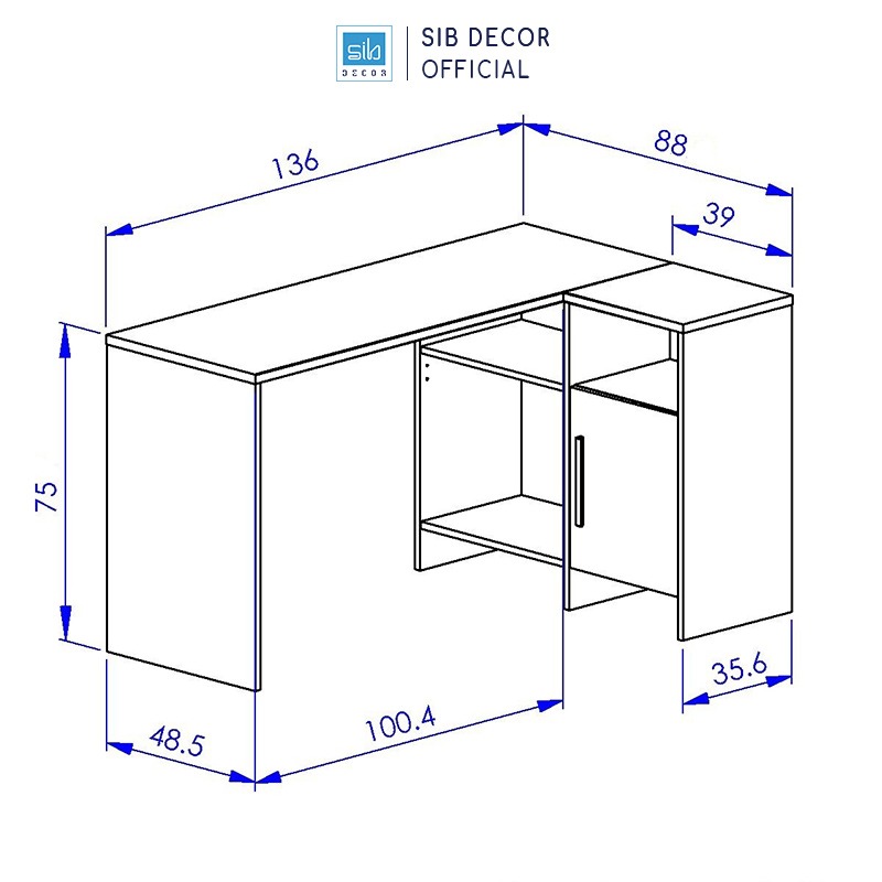 Bàn Góc Chữ L Kèm Chân Bàn Có 1 Cánh Tủ Tiện Lợi SIB Decor BLV84