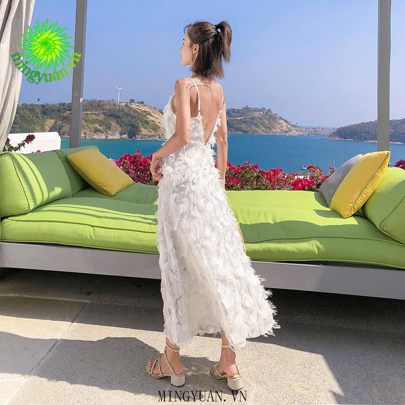 Đầm Voan Hai Dây Phối Lông Vũ Xinh Xắn Dành Cho Nữ