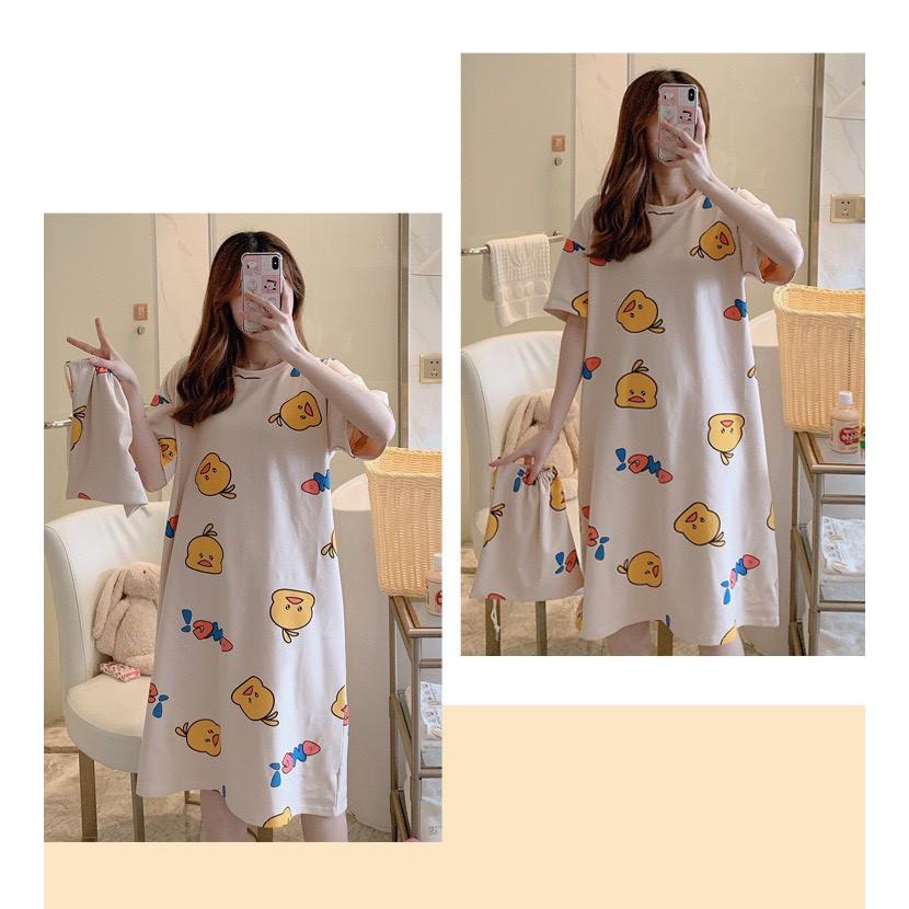 Váy ngủ, váy mặc nhà cộc tay dáng suông chất cotton mềm mát họa tiết hoạt hình dễ thương V285