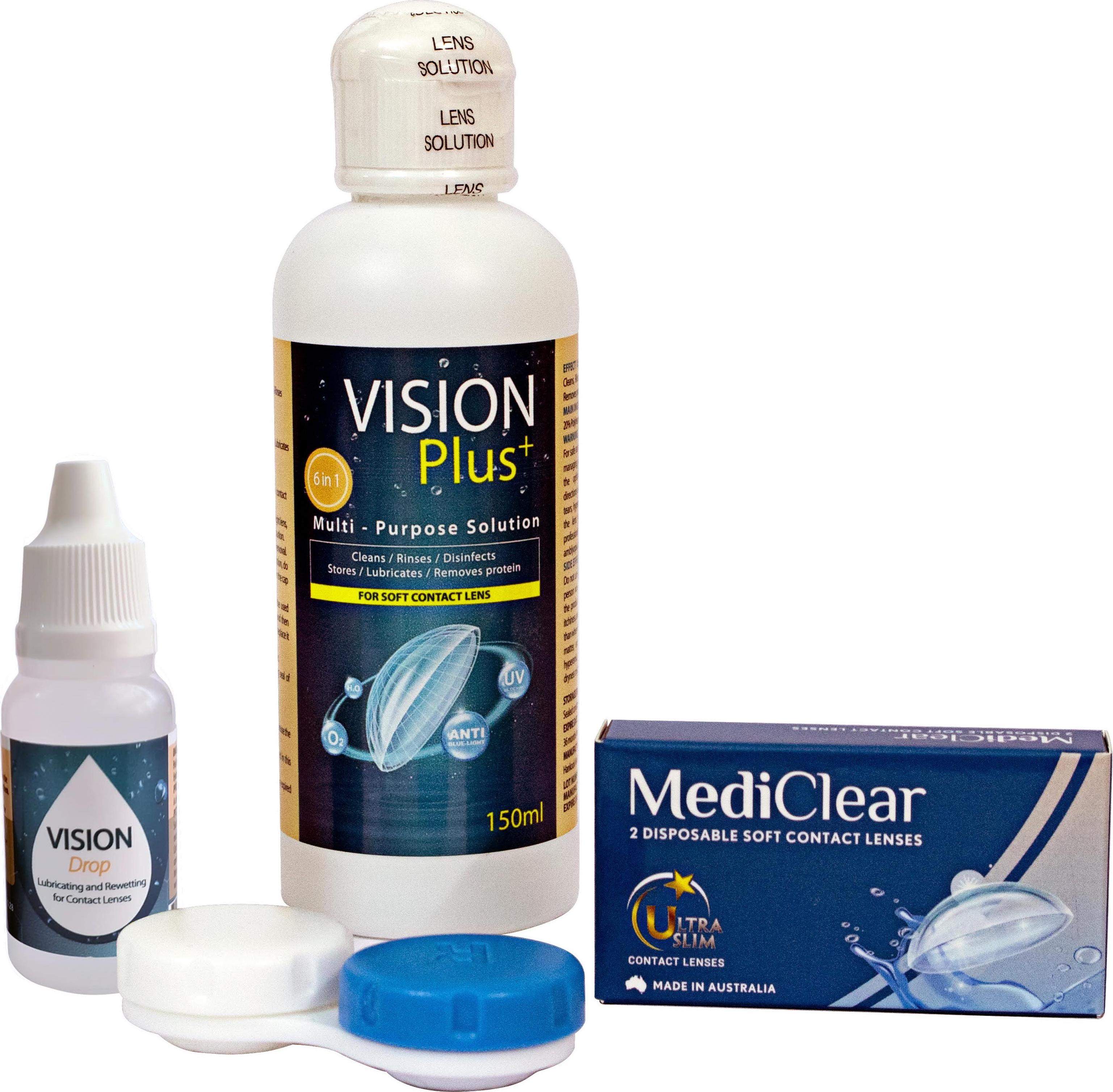 Một Cặp Kính Áp Tròng Australia Cận Thị Mediclear 3 Tháng + Nước Ngâm + Nhỏ Mắt + Khay Đựng