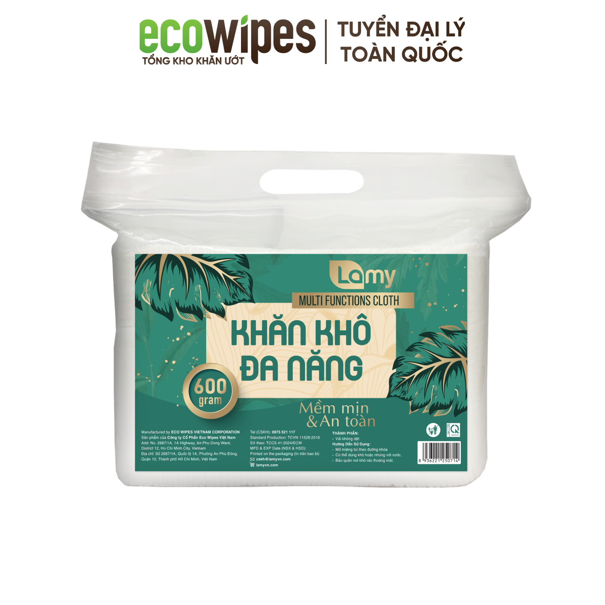 Combo 03 túi khăn vải khô đa năng cao cấp Lamy EcoWipes 600/900GR không mùi không chất huỳnh quang an toàn cho bé