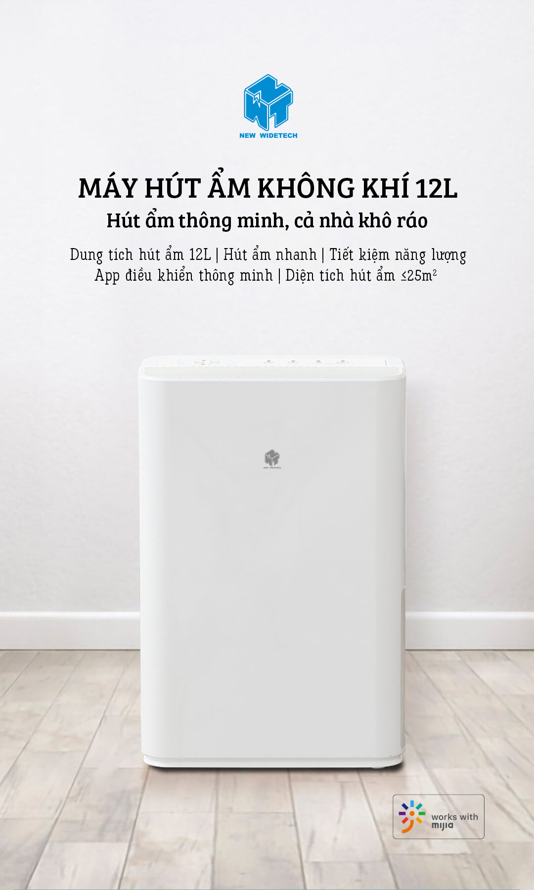 Máy hút ẩm không khí NEW WIDETECH 12L điều khiển bằng Xiaomi Mijia APP Hàng chính hãng