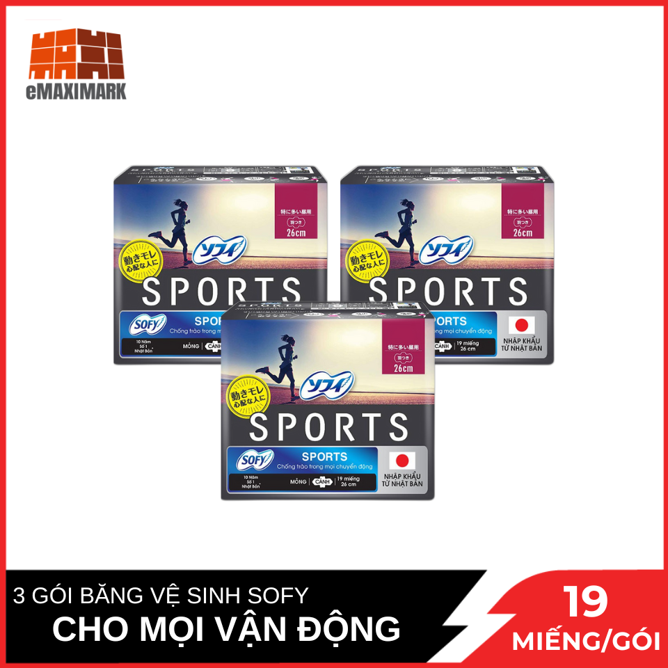 Combo 3 Băng Vệ Sinh Sofy Sports Có Cánh 26cm Gói 19 Miếng