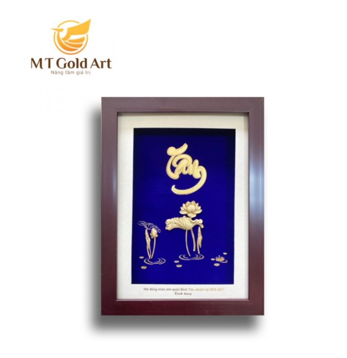 Tranh Hoa Sen chữ Tâm Dát Vàng 24K (26x35cm) MT Gold Art- Hàng chính hãng, trang trí nhà cửa, quà tặng dành cho sếp, đối tác, khách hàng, sự kiện