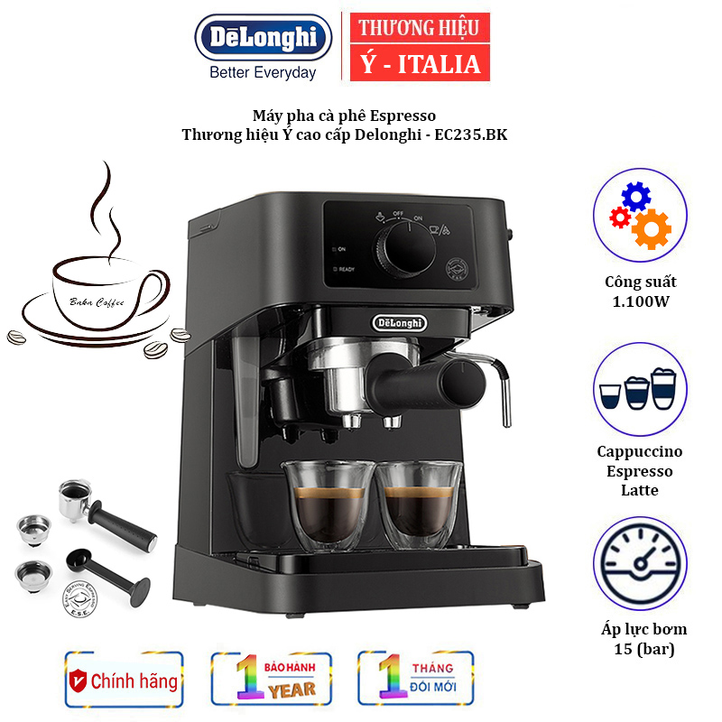 Máy pha cà phê Espresso nhãn hiệu Delonghi EC235.BK công suất 1100 (W) với dung tích 1 lít  Áp suất 15 bar - HÀNG NHẬP KHẨU