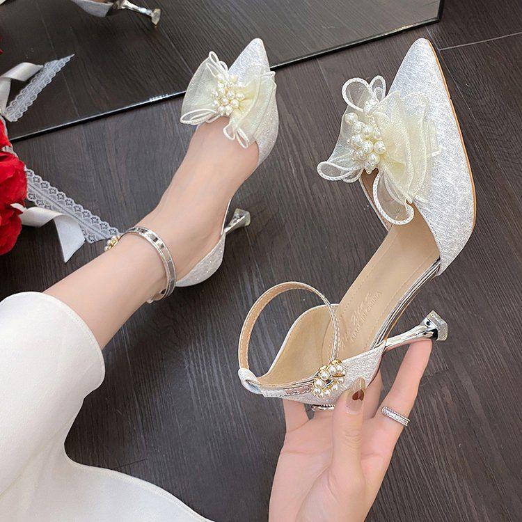 Giày Cao Gót Đính Nơ Phối Ren Xinh Xắn Dành Cho Cô Dâu