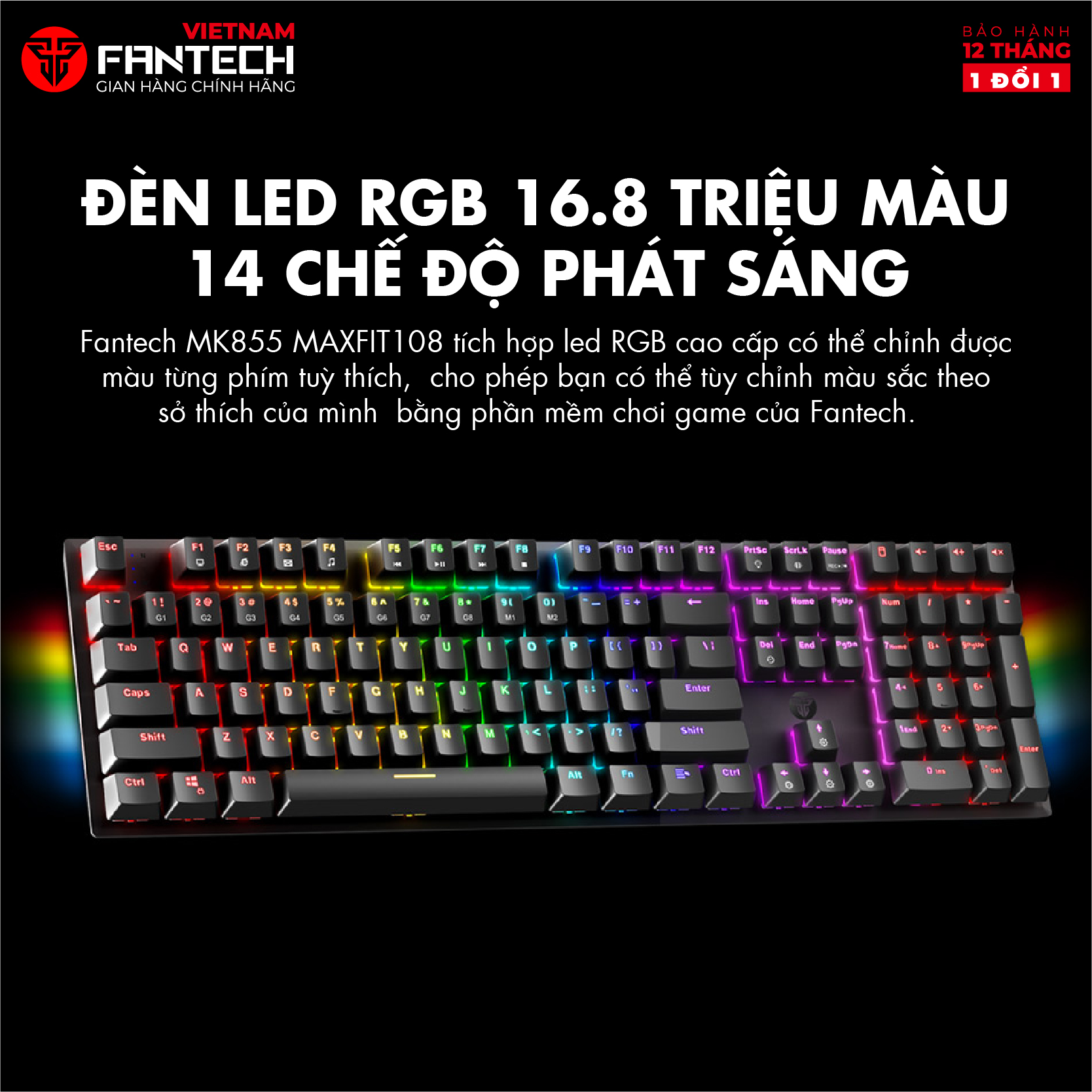 Bàn phím cơ Gaming MK855 MAXFIT108 Blue/ Red Switch - Đèn led RGB 108 phím 4 phím Media - Hàng phân phối chính hãng