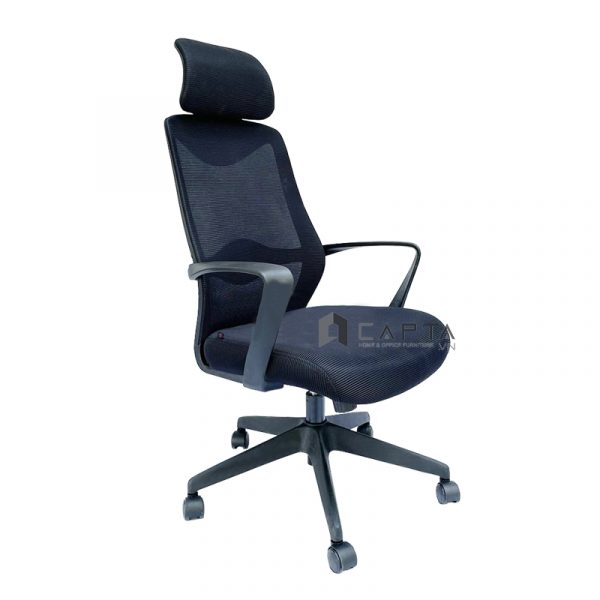 Ghế xoay văn phòng lưng lưới CM4288-M Nội thất Capta Ghế ngồi làm việc lưng lưới nệm vải màu đen có tựa đầu tay nhựa office chair