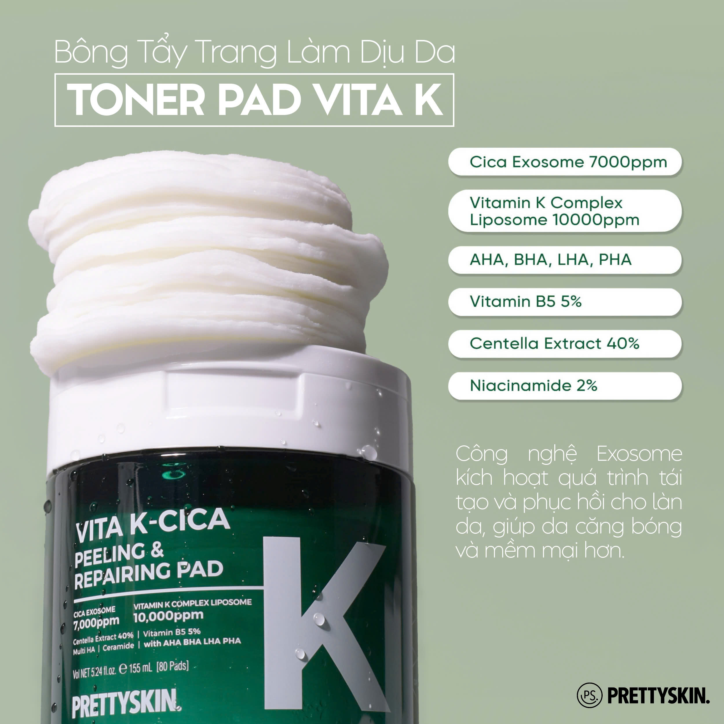Toner Pad Vita K-Cica Peeling &amp; Repairing Pad Pretty Skin Hàn Quốc 80 miếng