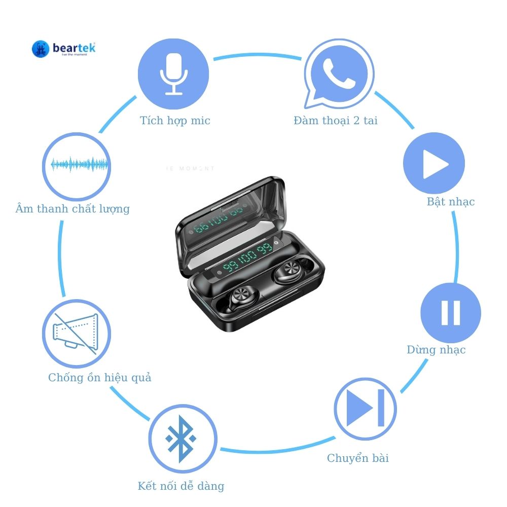 Tai nghe bluetooth không dây BEARTEK B22 True Wireless chống ồn hiệu quả - Thiết kế trẻ trung, cá tính – Cảm ứng dừng bật nhạc – Thời gian sử dụng lên tới 4h -  Hàng nhập khẩu