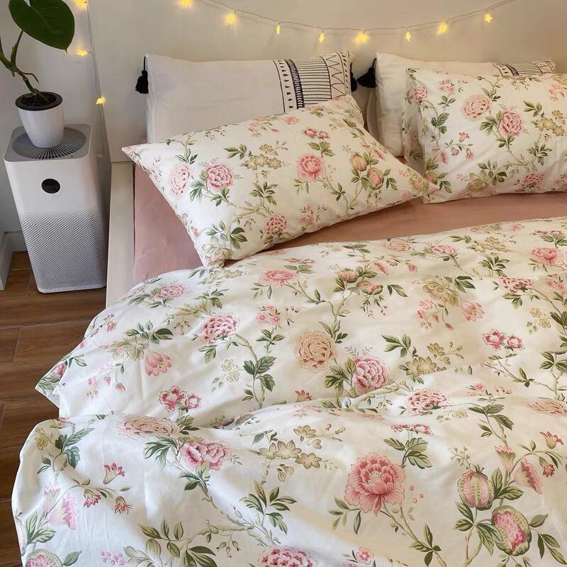 Bộ Chăn Ga Cotton Living 100%cotton Hàng Nhập Khẩu Cao Cấp 4 Món Hoa Hồng Vintage Nhẹ Nhàng