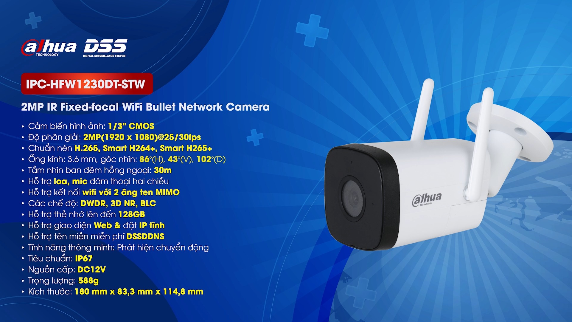 Camera IP Wifi DAHUA DH-IPC-HFW1230DT-STW 2M 1080P, Đàm thoại 2 chiều, hỗ trợ thẻ nhớ 128Gb - hàng chính hãng