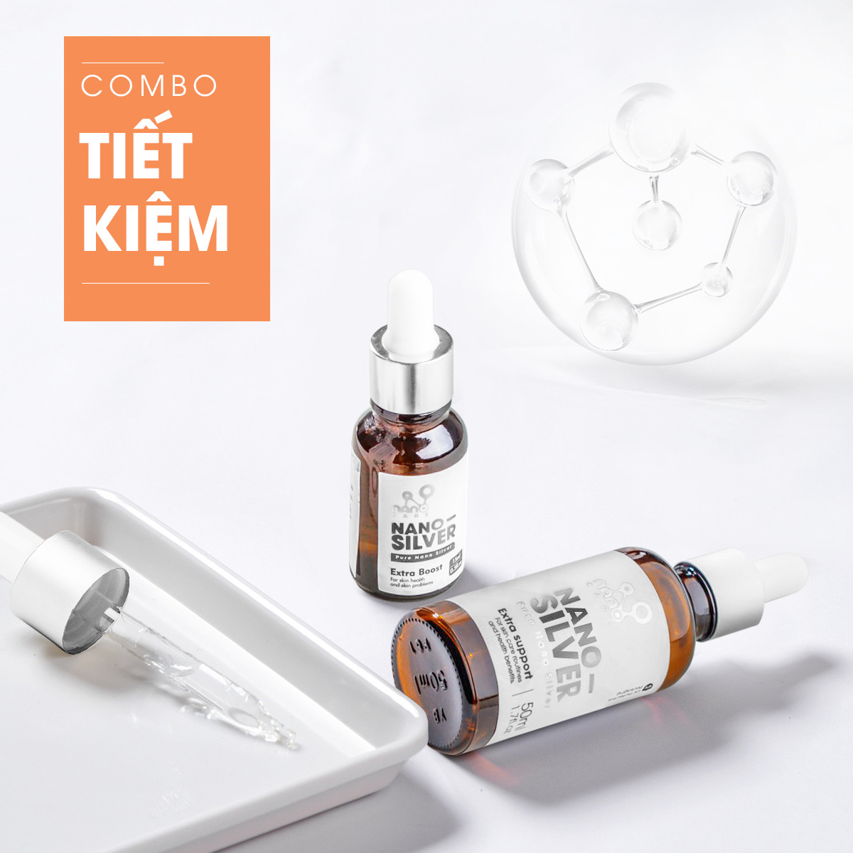 COMBO 2 Chai Hỗ Trợ Trị Mụn Viêm Nano Bạc tinh khiết làm sạch da từ bên trong kháng viêm,giảm thâm, mờ sẹo (50ML+15ML)