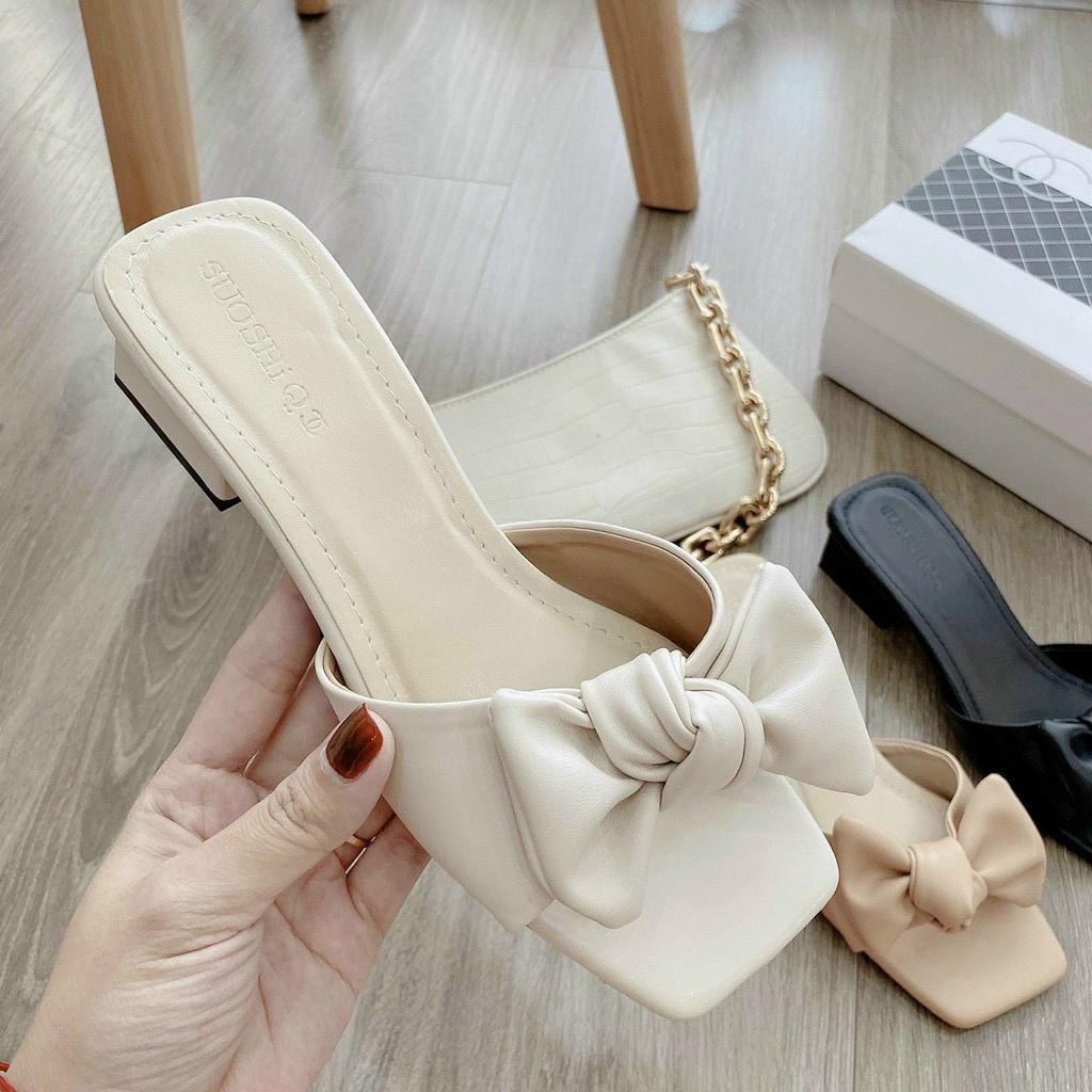 Dép lê nữ quai nơ buộc gót 2cm