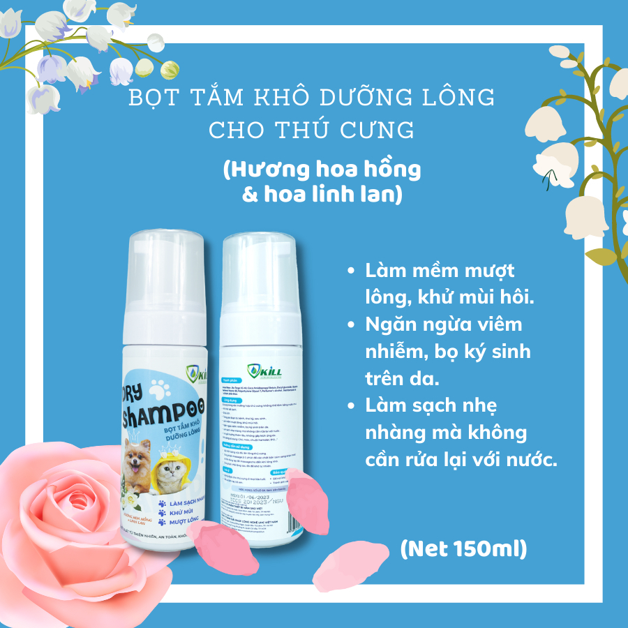 Bọt tắm khô thú cưng Vkill làm sạch, mềm lông, khử mùi hôi, viêm nhiễm lưu hương lâu