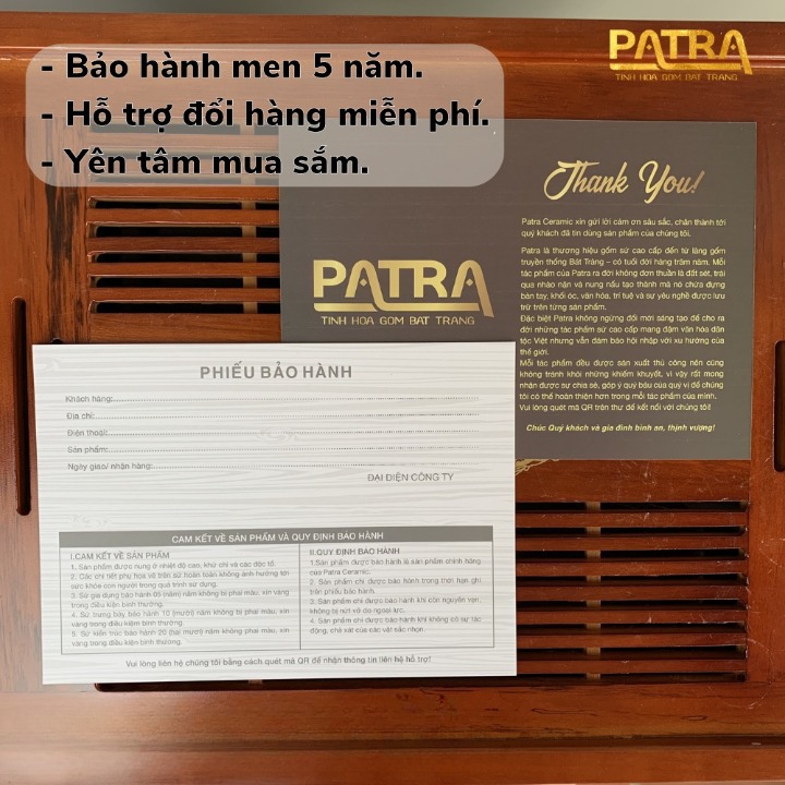 Bộ ấm chén uống trà cao cấp , bộ ấm trà Bát Tràng men kem họa tiết hoa đào xanh quai đồng