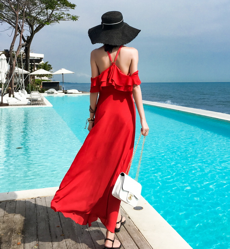 Hàng Quảng Châu - Đầm maxi voan đỏ cổ yếm tay rớt phong cách tiểu thư siêu xinh - D143290