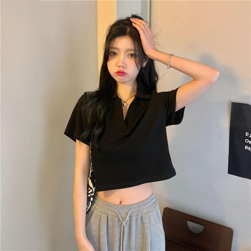 Áo Croptop Kiểu Nữ Ôm Body SANMAY Polo có cổ sơ mi thun Tay Ngắn Form Rộng sexy Cá tính thể thao màu trắng đen AO018