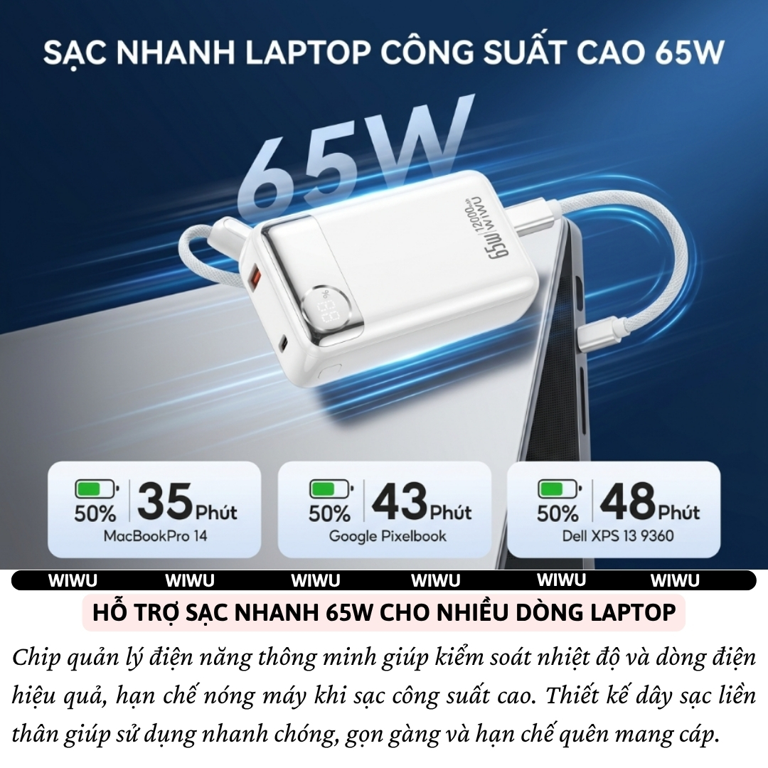 Pin sạc dự phòng PD 3.0 65W tích hợp dây sạc Type-C 12000Mah WIWU PowerPlus Sạc Nhanh cho iPhone Laptop MacBook Android - Màn hình hiển thị pin kỹ thuật số, Hệ thống bảo vệ đa tầng an toàn - hàng nhập khẩu