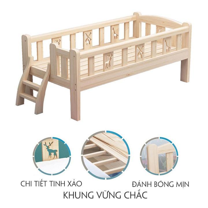 Giường ngủ trẻ em bằng gỗ, giường ngủ cho bé 0 - 10 tuổi chất liệu gỗ thông có cầu thang lên xuống giường