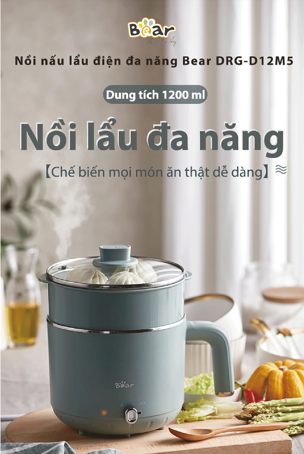 Nồi Điện Đa Năng BEAR DRG- D12M5, Dung Tích 1.2L, Công Suất 600W - Hàng Chính Hãng