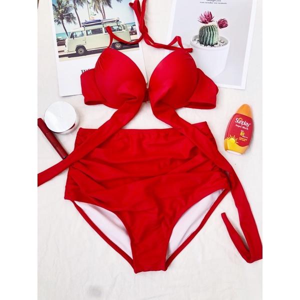 Bikini, đồ bơi nữ hai mảnh 2 dây chéo bụng, quần cạp cao đỏ tươi bikiniMe R40