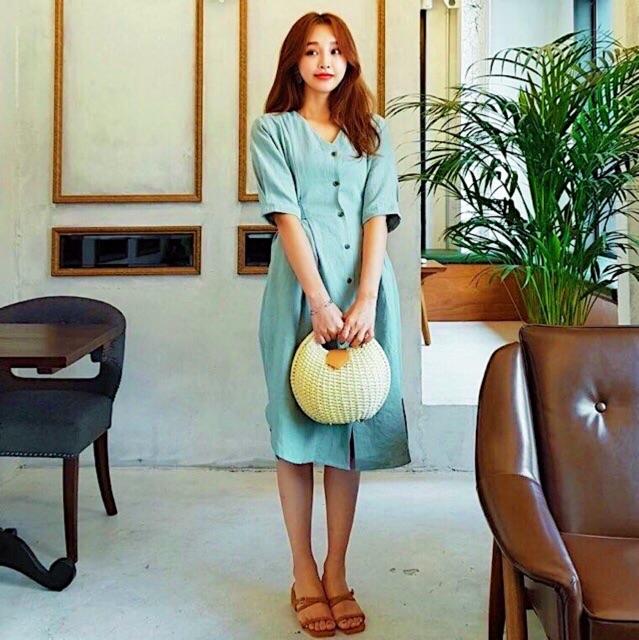 ĐẦM CÔNG SỞ ĐẦM DÁNG SUÔNG Đầm váy mint nút trước cột nơ v2