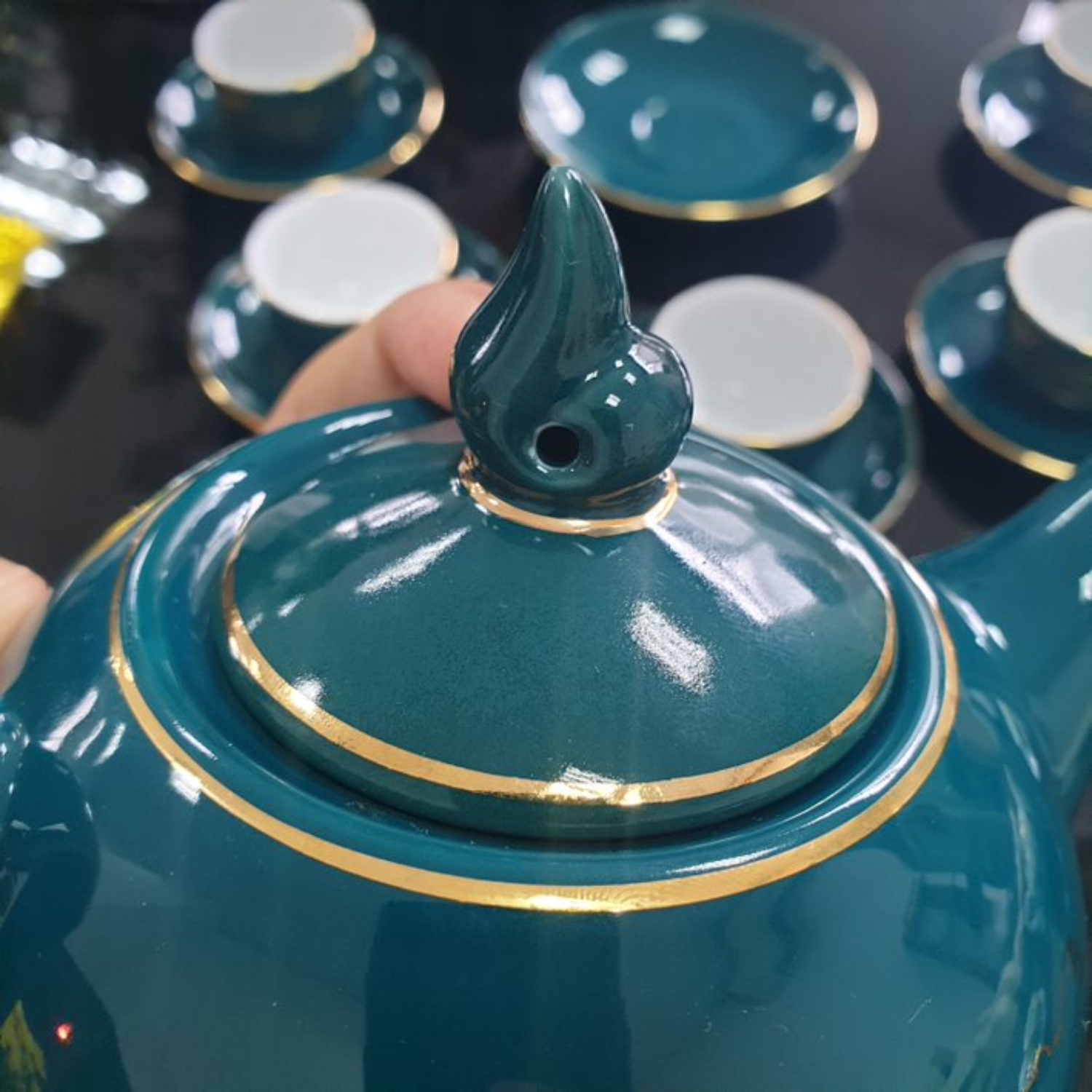 Bộ ấm chén uống trà cao cấp , bộ ấm trà Bát Tràng - phúc đức xanh mallard
