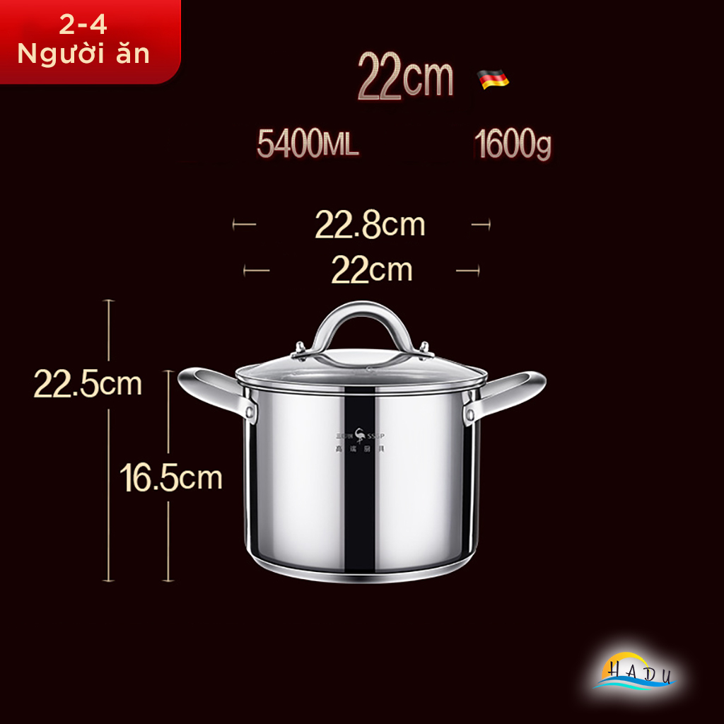 Nồi Luộc Gà Bếp Từ 22cm Inox 304 Cao Cấp Nắp Thủy Tinh Đạt Chất Lượng Đức SSGP