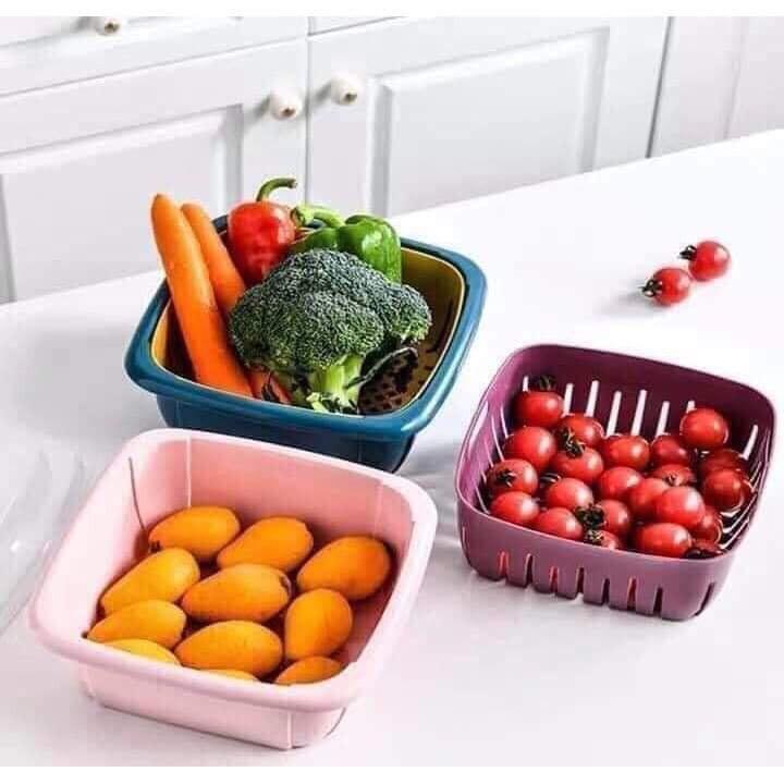 Bộ Thau Rổ Nhựa Có Nắp Đậy Đựng Rau Củ Quả 3in1 Đa Năng Kèm Chậu Rửa Siêu Tiện Dụng