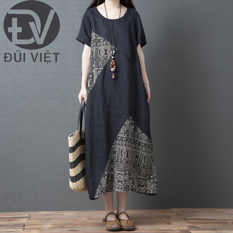 Váy Đầm Trung Niên Dáng Suông Form Rộng  Chất Linen Thoáng Mát Đũi Việt Dv165