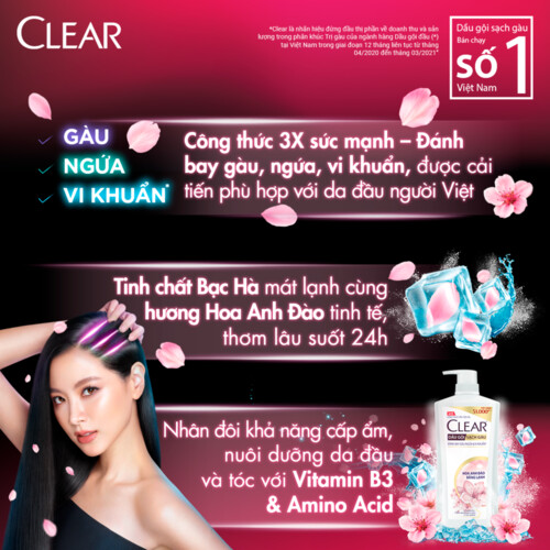 Dầu Gội Clear Sạch Gàu Dầu Gội Sạch Gàu Mát Lạnh Hoa Anh Đào Thơm Mát Suốt 24 Giờ 630G