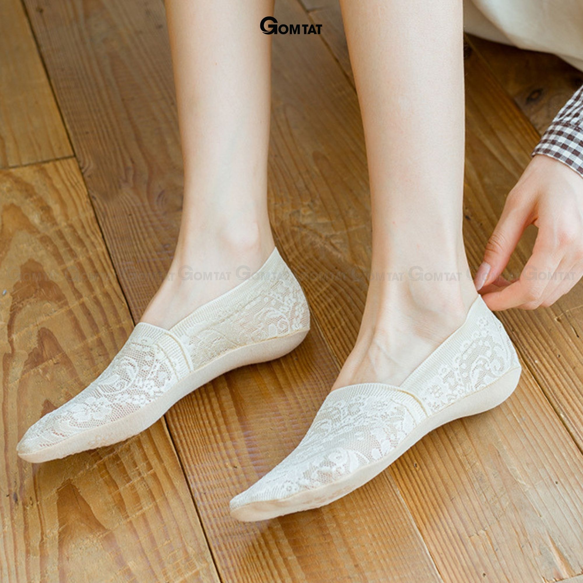 Tất nữ đi giày búp bê có bo thun chống tuột gót, vớ lười nữ chất liệu lụa phối ren cao cấp - LUAREN-PO-3028-1DOI