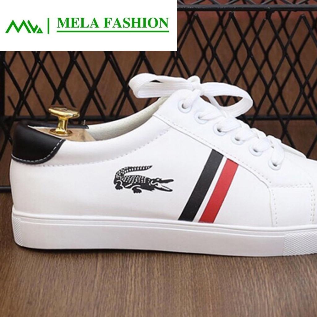 Giày nam thể thao sneaker cao cấp màu trắng trẻ trung năng động phong cách Hàn Quốc in hình cá sấu kẻ 2 sọc đen đỏ đi chơi đi học đi làm Mela Fashion