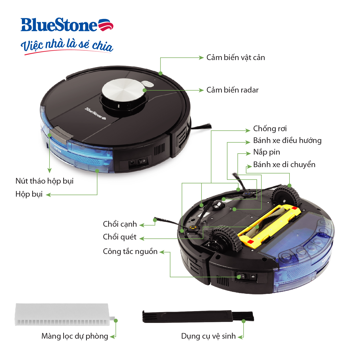 Robot Hút Bụi Lau Nhà BlueStone RVB-9731 - Lực hút: 2000Pa - Bảo hành 24 tháng - Hàng chính hãng
