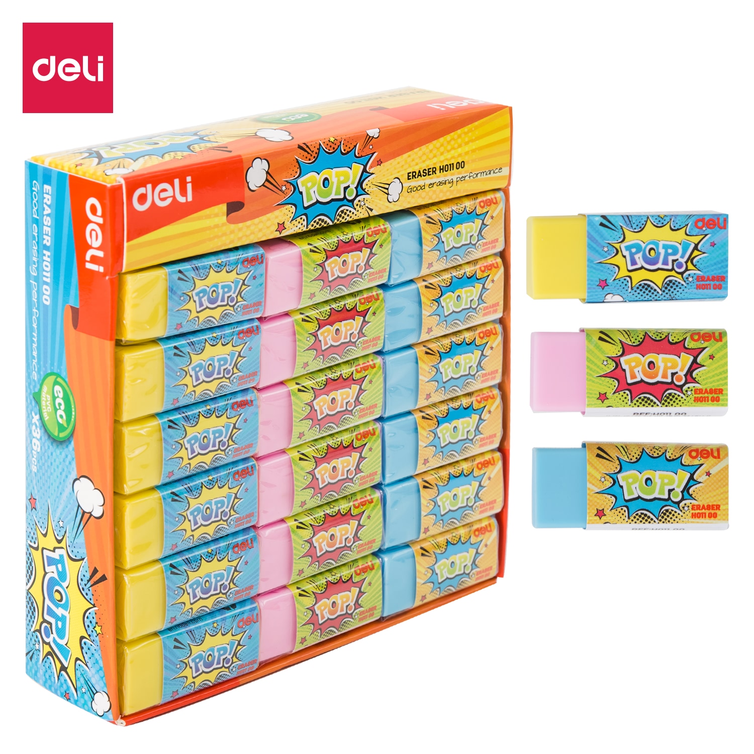 Tẩy 2B Deli, 35×15×15Mm, Hồng/Xanh Lá/Xanh Dương - 36 Viên/Hộp - EH01100