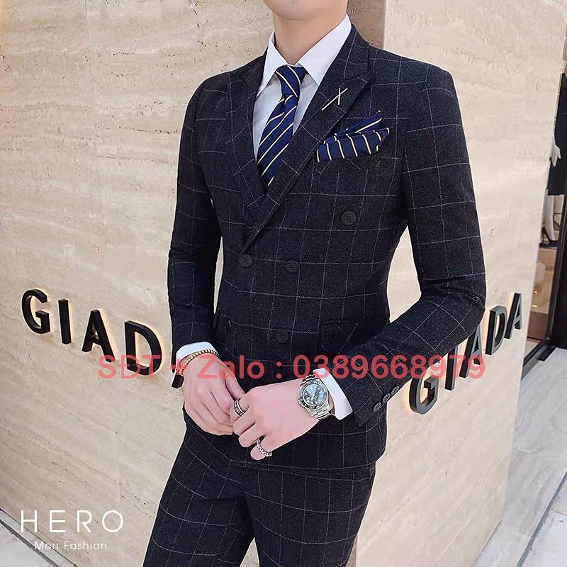 Bộ Vest Nam Cao Cấp Kẻ Caro, Bộ Suit Nam Hàn Quốc Kẻ Caro đen